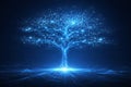 AI generated glowing digital tree formed by blue data particles and energy lines symbolizing artificial intelligence big data Royalty Free Stock Photo