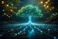 AI generated glowing green blue digital tree growing from data network symbolizing artificial intelligence big data digital Royalty Free Stock Photo