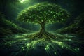 AI generated glowing green tree connected to digital circuit roots symbolizing sustainable technology artificial intelligence Royalty Free Stock Photo