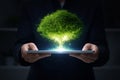 AI generated glowing green tree emerging from digital tablet symbolizing sustainable technology eco innovation environmental Royalty Free Stock Photo