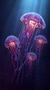 AI generated glowing herd of jelly fish in deep sea Royalty Free Stock Photo