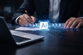 AI generated glowing AI interface over business desk with digital circuits and arrows showing workflow automation document Royalty Free Stock Photo