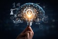 AI generated glowing light bulb with digital brain and technology icons representing innovation creativity artificial intelligence Royalty Free Stock Photo