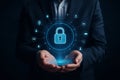AI generated glowing lock icon floating above hands symbolizing data protection privacy security trust and safe digital access in Royalty Free Stock Photo