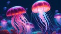 beautiful animated glowing magenta jelly fishes in deep sea Royalty Free Stock Photo