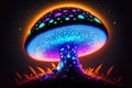 Glowing magic mushroom on black background by AI Generated Royalty Free Stock Photo