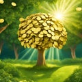 AI generated gold coin tree, in a forest Royalty Free Stock Photo