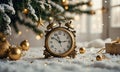 A clock is sitting on a table with Christmas decorations around it. Royalty Free Stock Photo