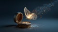 AI-Generated Gold ring box presenting a luminous Morpho peleides butterfly Royalty Free Stock Photo