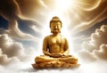 a golden buddha statue is sitting in the clouds with sun shining from the sky