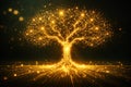 AI generated golden digital circuit tree glowing with data light and sparkling particles on dark background symbolizing Royalty Free Stock Photo