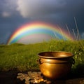 AI generated golden pot with gold coins on green grass and rainbow background Royalty Free Stock Photo