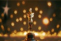 AI generated golden ÃÂ¾scar ÃÂ°cademy award statue replica at bokeh garland lights background Royalty Free Stock Photo