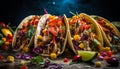 Ai generated gourmet seafood taco plate with fresh ingredients and colorful vegetables