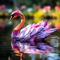 A graceful swan, elegantly shaped from vibrant origami paper, floating on a tranquil pond by AI generated