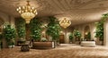 Ai generated a grand botanical room filled with lush greenery and elegant chandeliers