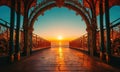 A beautiful sunset is seen through a doorway, with the sun setting in the background.