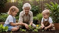 AI Generated Grandmother and Grandchildren Enjoying Gardening on a Sunny Day Royalty Free Stock Photo