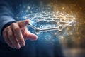 AI generated graphene nanotechnology visualization with human hand interacting with hexagonal carbon lattice symbolizing advanced Royalty Free Stock Photo
