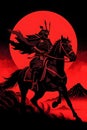 Samurai Warrior On Galloping Horse Silhouetted Against A Dramatic Red Sun Background Royalty Free Stock Photo