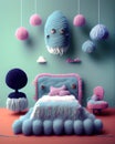 Ai generated, graphic, mock up, perspective view of cute sleeping space in wool weaving materials texture, nice decoration,