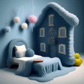 Ai generated, graphic, mockup, isometric view of cute sleeping corner, bedroom in wool weaving, knitting materials texture, nice