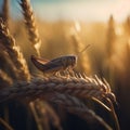 AI generated grasshopper perched on a wheat stalk