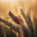 AI generated grasshopper perched on a wheat stalk