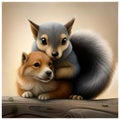 AI generated gray squirrel hugging fox Royalty Free Stock Photo