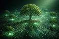 AI generated green digital trees growing from circuit network surface symbolizing sustainable technology data infrastructure Royalty Free Stock Photo