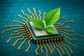 AI generated green leaves on microchip with golden circuits over binary data symbolizing sustainable computing eco innovation and Royalty Free Stock Photo