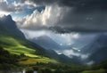 AI generated green meadows leading to mountains and surrounded by clouds and mists Royalty Free Stock Photo