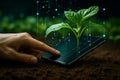 AI generated green seedling sprouting from smartphone screen with human finger touch and glowing data interface symbolizing mobile Royalty Free Stock Photo