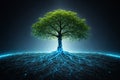 AI generated green tree with glowing blue digital roots blending nature and technology symbolizing sustainability data foundation Royalty Free Stock Photo