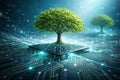 AI generated green tree growing from digital circuit platform with glowing data roots and light particles symbolizing sustainable Royalty Free Stock Photo