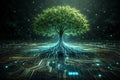 AI generated green tree growing from digital circuit roots symbolizing sustainable technology data networks innovation balanced Royalty Free Stock Photo