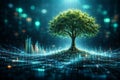 AI generated green tree growing from glowing data structures representing digital nature smart city artificial intelligence Royalty Free Stock Photo