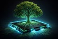 AI generated green tree growing from microchip with glowing circuit roots symbolizing sustainable technology artificial Royalty Free Stock Photo
