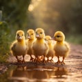 A group of adorable baby ducklings following their mother in a neat row by AI generated