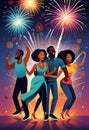a group of african ethnic people are dancing with fireworks and music notes in the background Royalty Free Stock Photo