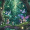AI generated group of fairies flying in forest
