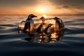 AI generated group of penguins swimming in the tranquil blue ocean waters at sunset