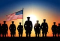 a group of soldiers are standing in front of an american flag with sunrise sky Royalty Free Stock Photo
