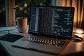 AI generated hacker laptop with binary computer code internet and network security Royalty Free Stock Photo
