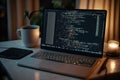 AI generated hacker laptop with binary computer code internet and network security Royalty Free Stock Photo
