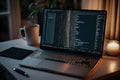 AI generated hacker laptop with binary computer code internet and network security Royalty Free Stock Photo