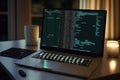 AI generated hacker laptop with binary computer code internet and network security Royalty Free Stock Photo