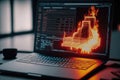 AI generated hacker laptop with fire binary computer code internet and network security