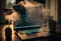 AI generated hacker laptop with fire binary computer code internet and network security