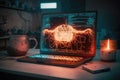 AI generated hacker laptop with fire binary computer code internet and network security